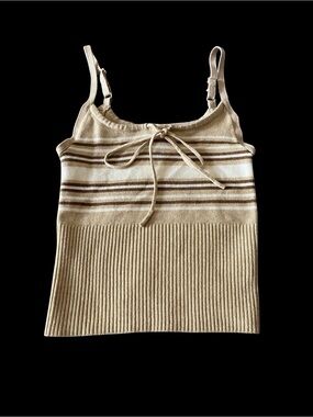 No Boundaries Ribbed Knit Cami Tank Top Small Y2K Neutral Striped Bow